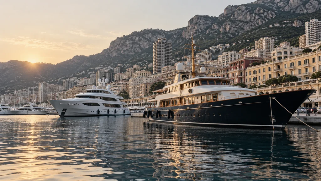 Monaco coastline in soft dawn light, a distant harbour and densely built Mediterranean hillside, viewed from calm open water