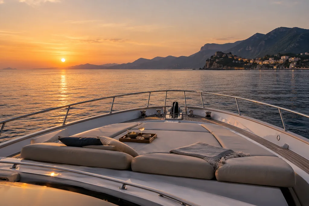 An unbranded yacht foredeck at sunset with low lounge cushions, quiet Mediterranean water and soft coastal lights far away
