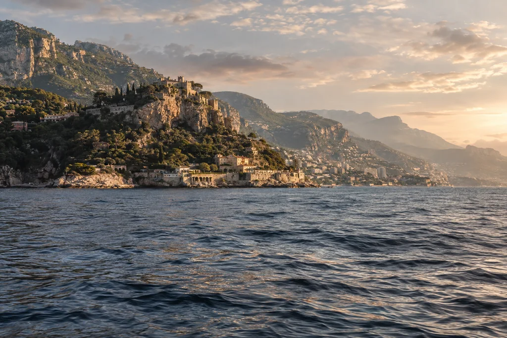 Roquebrune and the eastern coast seen from open water near Monaco