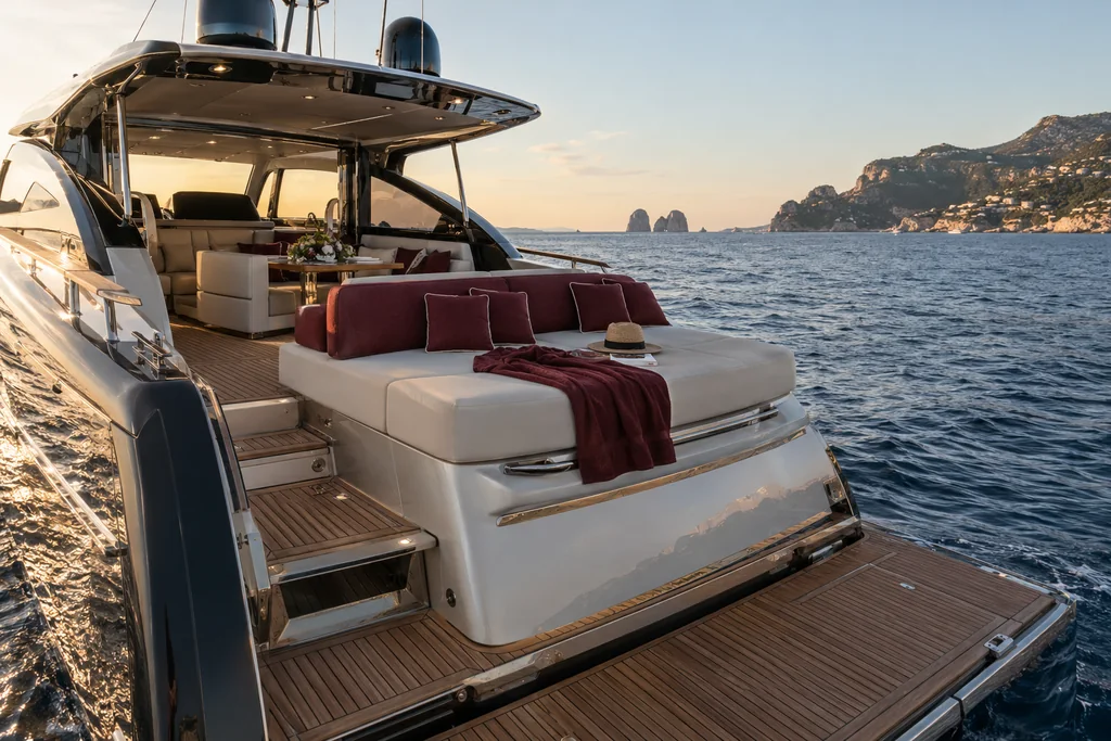 A Mediterranean motor yacht with deep burgundy cushions, cream seating and teak deck viewed from stern quarter, open sea beyond; unbranded representative yacht