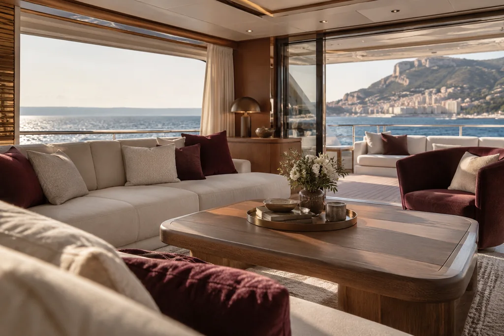 A refined unbranded private yacht saloon with a comfortable seating group near Monaco