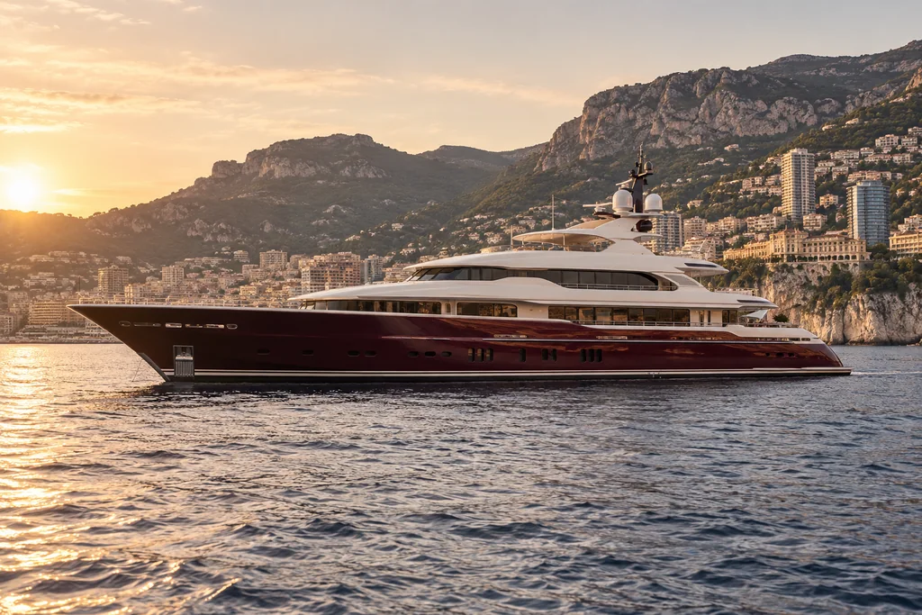 A large unbranded motor yacht viewed from the water near Monaco