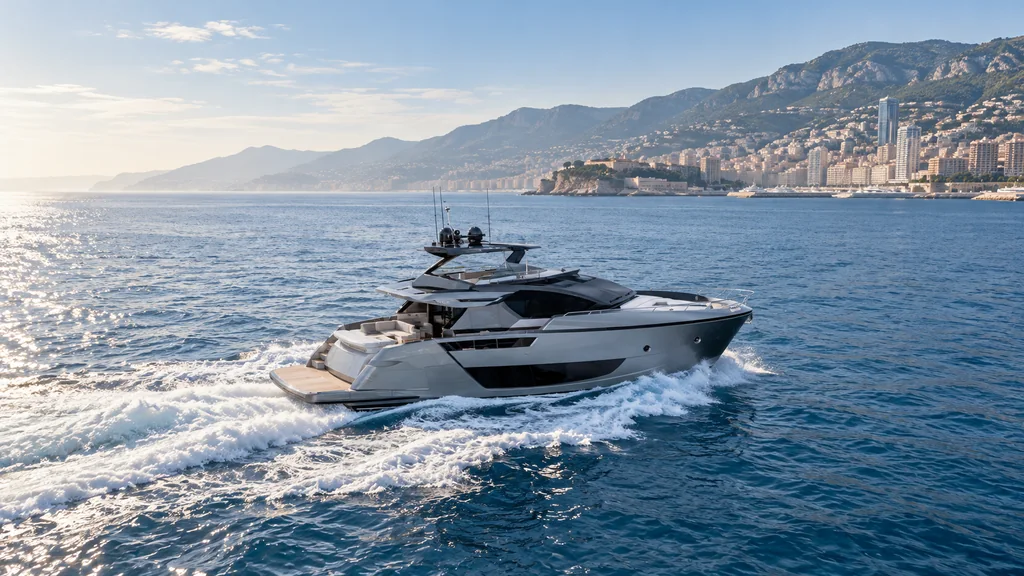 Illustrative Riva 82 Diva model scene; actual charter yacht to be confirmed