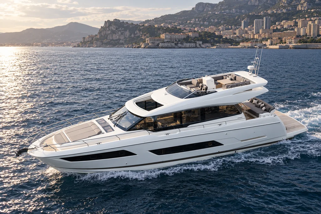 Illustrative PRESTIGE 680S yacht on the Monaco coast