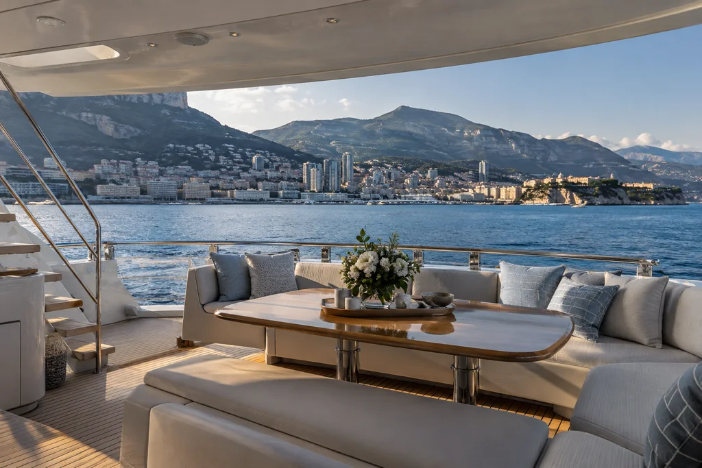 Cockpit ombragé avec places assises et passage dégagé sur un yacht