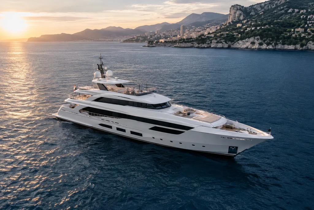 Grand yacht à plusieurs ponts devant la côte de Monaco