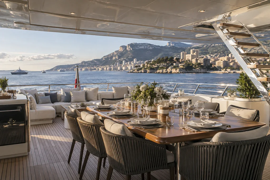 Salon de pont ouvert sur la mer pour un séjour en yacht autour de Monaco