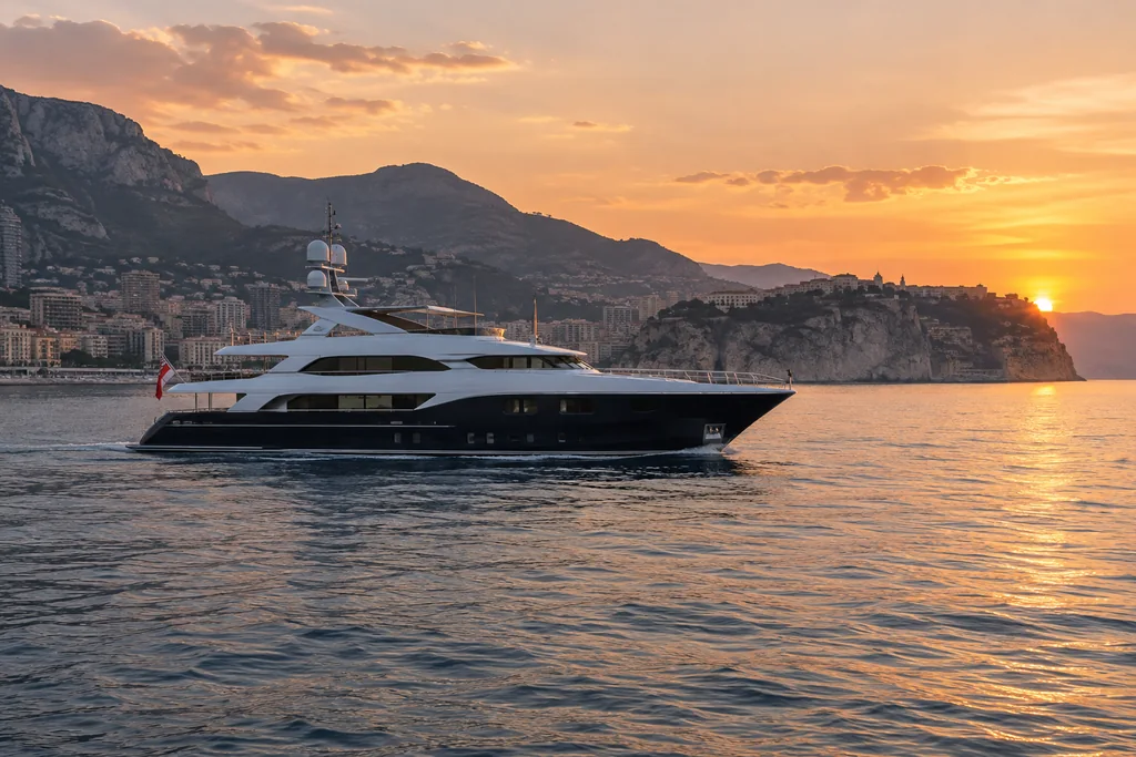 Yacht sur la mer dans la lumière du soir près de Monaco