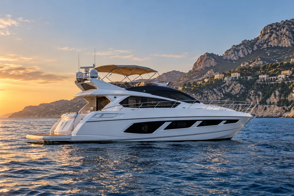 Illustrative Sunseeker Manhattan 65 yacht on the Monaco coast
